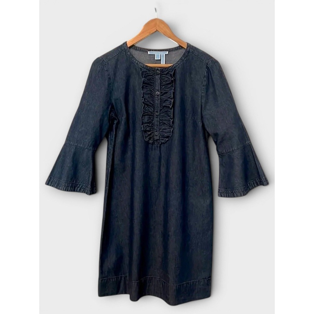 Draper James Chambray Dress Ruffle Front Bell Sleeve Blue Cotton 6 Southern Mod - Picture 2 of 10